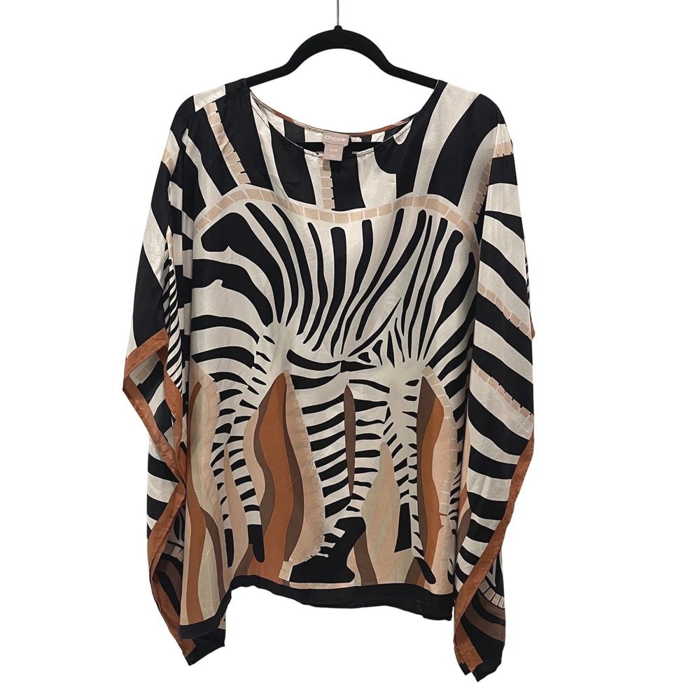 Chico's Zebra Print Poncho Women S/M Black Silk White Tan Safari Resort Artistic